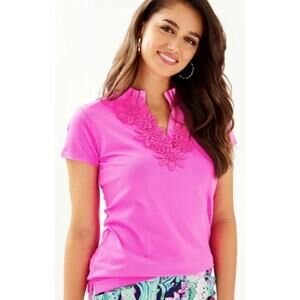 Lilly Pulitzer Luxletic UPF 50+ Frida Flower Polo Mandevilla Pink Womens Medium